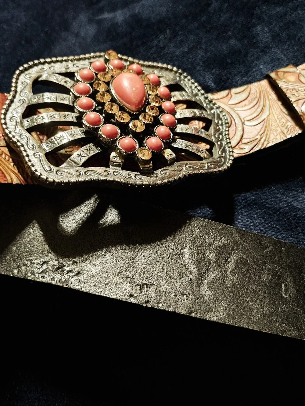 Vintage 90s Streets Ahead Leather Belt Large Western Tooled Coral Rhinestone